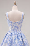 A-lijn blauwe parels Jacquard vierkante halskorset Homecoming jurk