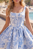 A-lijn blauwe parels Jacquard vierkante halskorset Homecoming jurk