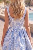 A-lijn blauwe parels Jacquard vierkante halskorset Homecoming jurk