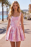 A-lijn blauwe parels Jacquard vierkante halskorset Homecoming jurk