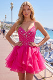 A-Line felroze Rhinestone Ruffle korte Homecoming jurk met kralen