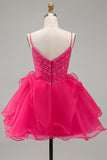 A-Line felroze Rhinestone Ruffle korte Homecoming jurk met kralen