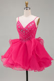 A-Line felroze Rhinestone Ruffle korte Homecoming jurk met kralen