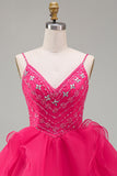 A-Line felroze Rhinestone Ruffle korte Homecoming jurk met kralen