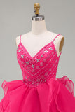 A-Line felroze Rhinestone Ruffle korte Homecoming jurk met kralen