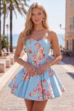 Satijn A-lijn blauwe sweetheart bloemenkorset Homecoming jurk