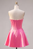 Sweetheart Fuchsia Parels Korset A-lijn satijnen Homecoming Jurk