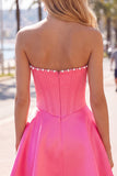 Sweetheart Fuchsia Parels Korset A-lijn satijnen Homecoming Jurk