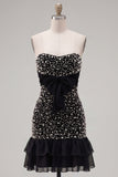 Zwarte strapless bodycon parelmoer gerimpelde homecomingjurk met strik