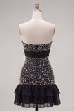 Zwarte strapless bodycon parelmoer gerimpelde homecomingjurk met strik