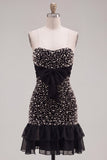 Zwarte strapless bodycon parelmoer gerimpelde homecomingjurk met strik