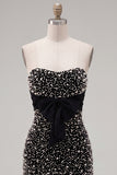 Zwarte strapless bodycon parelmoer gerimpelde homecomingjurk met strik