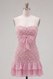 Roze strapless strakke ruches parel korte homecomingjurk met strik