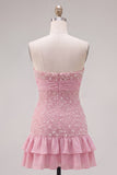 Roze strapless strakke ruches parel korte homecomingjurk met strik