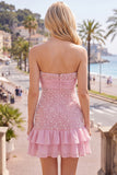 Roze strapless strakke ruches parel korte homecomingjurk met strik