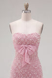 Roze strapless strakke ruches parel korte homecomingjurk met strik