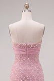 Roze strapless strakke ruches parel korte homecomingjurk met strik