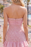 Roze strapless strakke ruches parel korte homecomingjurk met strik