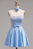Blauwe Sweetheart Pearl versierde korte homecomingjurk met choker en strik