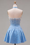 Blauwe Sweetheart Pearl versierde korte homecomingjurk met choker en strik