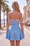 Blauwe Sweetheart Pearl versierde korte homecomingjurk met choker en strik