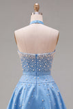 Blauwe Sweetheart Pearl versierde korte homecomingjurk met choker en strik
