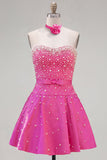 Blauwe Sweetheart Pearl versierde korte homecomingjurk met choker en strik
