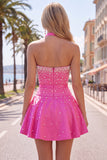 Blauwe Sweetheart Pearl versierde korte homecomingjurk met choker en strik