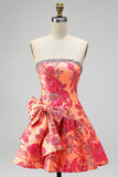 Oranje Jacquard A-lijn strapless Rhinestone rucherige korte homecomingjurk met strik