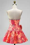 Oranje Jacquard A-lijn strapless Rhinestone rucherige korte homecomingjurk met strik