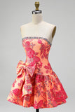 Oranje Jacquard A-lijn strapless Rhinestone rucherige korte homecomingjurk met strik