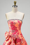 Oranje Jacquard A-lijn strapless Rhinestone rucherige korte homecomingjurk met strik
