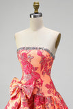 Oranje Jacquard A-lijn strapless Rhinestone rucherige korte homecomingjurk met strik