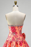 Oranje Jacquard A-lijn strapless Rhinestone rucherige korte homecomingjurk met strik