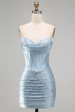 Grijsblauwe strapless bodycon korset met parelparels korte homecomingjurk