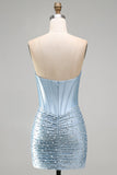 Grijsblauwe strapless bodycon korset met parelparels korte homecomingjurk