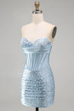 Grijsblauwe strapless bodycon korset met parelparels korte homecomingjurk