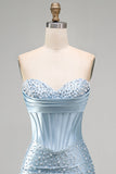 Grijsblauwe strapless bodycon korset met parelparels korte homecomingjurk