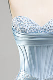 Grijsblauwe strapless bodycon korset met parelparels korte homecomingjurk