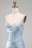 Grijsblauwe strapless bodycon korset met parelparels korte homecomingjurk