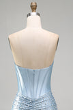 Grijsblauwe strapless bodycon korset met parelparels korte homecomingjurk
