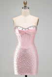Glinsterend roze kralenkorset Strakke Sweetheart Korte Parel Homecoming Jurk met strass