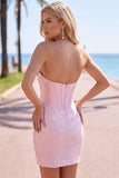Glinsterend roze kralenkorset Strakke Sweetheart Korte Parel Homecoming Jurk met strass