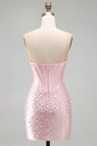 Glinsterend roze kralenkorset Strakke Sweetheart Korte Parel Homecoming Jurk met strass