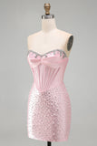 Glinsterend roze kralenkorset Strakke Sweetheart Korte Parel Homecoming Jurk met strass
