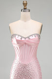 Glinsterend roze kralenkorset Strakke Sweetheart Korte Parel Homecoming Jurk met strass