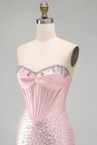 Glinsterend roze kralenkorset Strakke Sweetheart Korte Parel Homecoming Jurk met strass