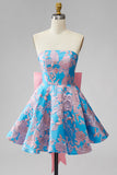 Blauwe Jacquard A-lijn strapless korte homecomingjurk met strik