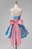 Blauwe Jacquard A-lijn strapless korte homecomingjurk met strik