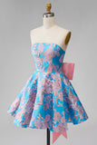 Blauwe Jacquard A-lijn strapless korte homecomingjurk met strik